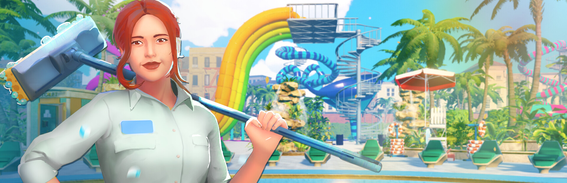 Waterpark Simulator official Steam artwork showing a park worker and custom waterslides